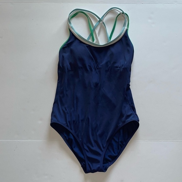 Boden Dark Blue With Light Blue, White And Green Cross Back Straps Swimsuit - Picture 1 of 4